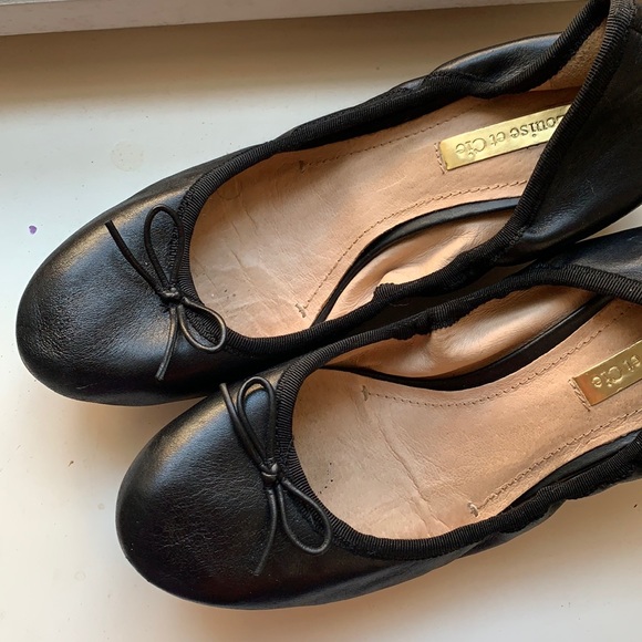 Black leather ballet flats with wood wedge platform. Size 6 (36). - Picture 1 of 10